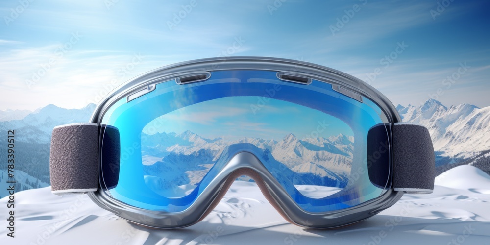 Ski goggles with mountains reflection Generative AI