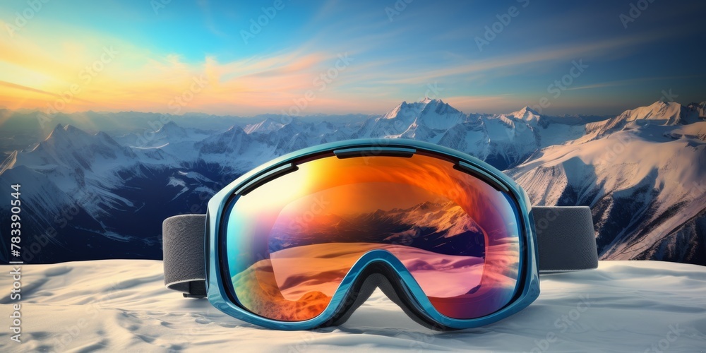 Ski goggles with mountains reflection Generative AI - obrazy, fototapety, plakaty 