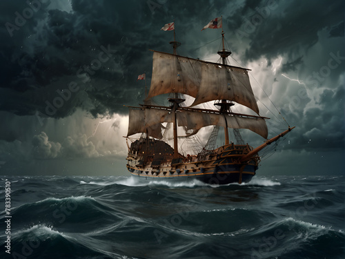 A seventeenth-century English line-of-battle warship, sailing the ocean.