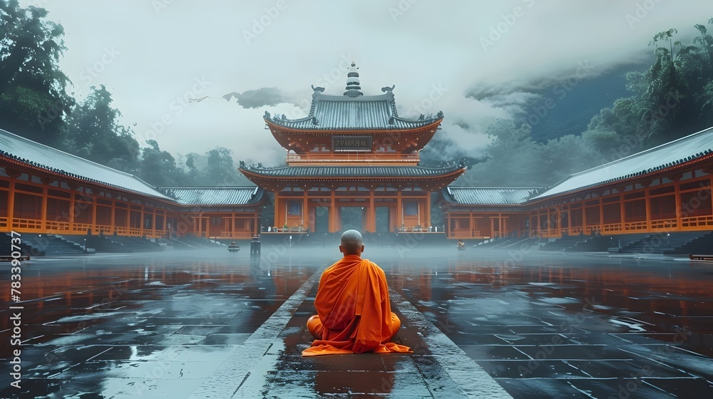 Buddhist monk meditating in solitude in front of a Buddhist temple. Meditation image - obrazy, fototapety, plakaty 