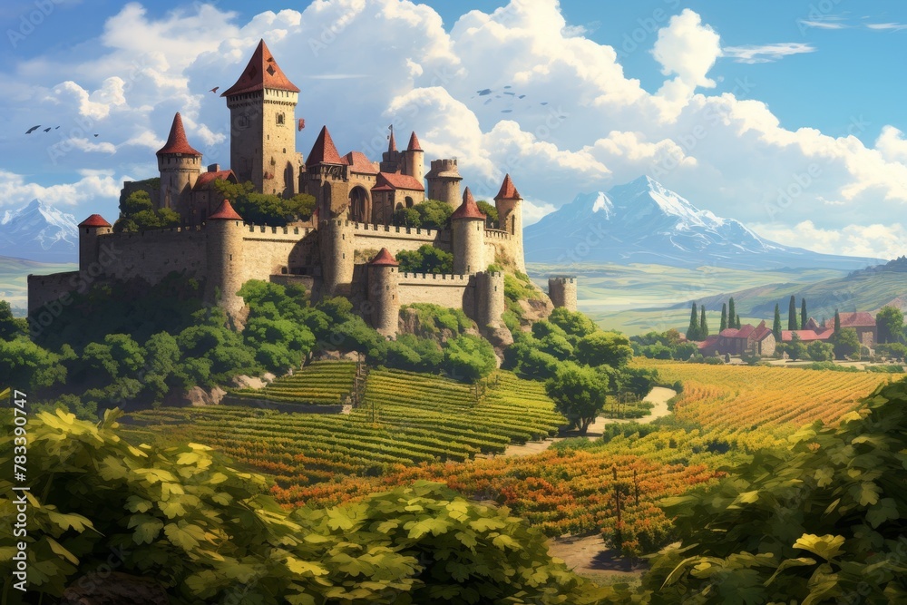 grape fields against the backdrop of a medieval castle Generative AI