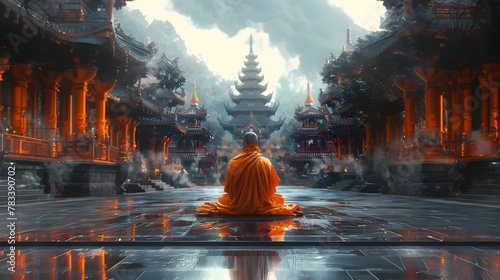 Buddhist monk meditating in solitude in front of a Buddhist temple. Meditation image