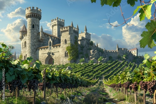 grape fields against the backdrop of a medieval castle Generative AI