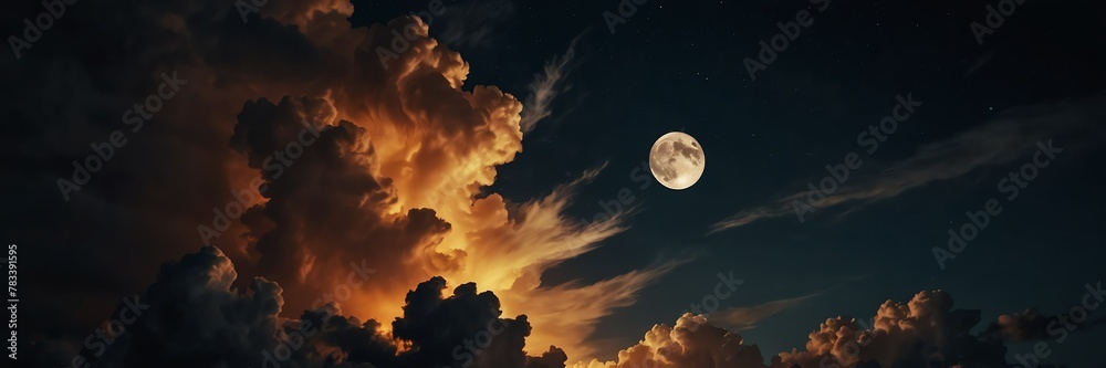 orange dramatic clouds in night sky with full moon from Generative AI