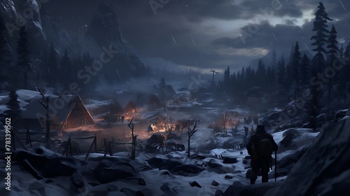 AI-generated adventurers embarking on a winter-themed virtual reality game, where players must collaborate to survive in a harsh snowscape, facing challenges like building shelters and hunting for foo photo