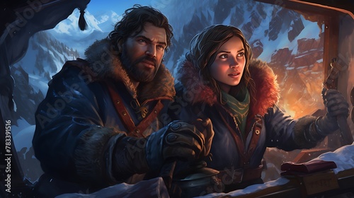 AI-generated adventurers embarking on a quest to find a legendary winter artifact, facing challenges and puzzles in a magical, snow-covered realm