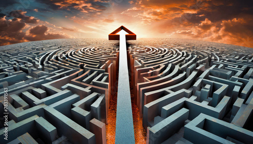 Success strategy arrow through maze way puzzle path on 3d solution labyrinth business background with direction decision goal thinking challenge entrance find achievement exit solving target concept.