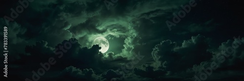 green dramatic clouds in night sky with full moon from Generative AI