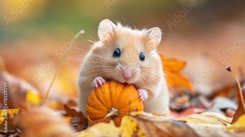 A small mouse holding a pumpkin in its mouth on leaves  AI