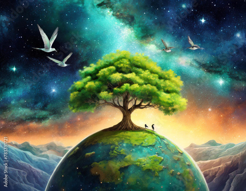 Surreal space dendroplanet depicting a lush green tree growing on a small planet with a starry nebula in the background  and birds flying around this celestial scene