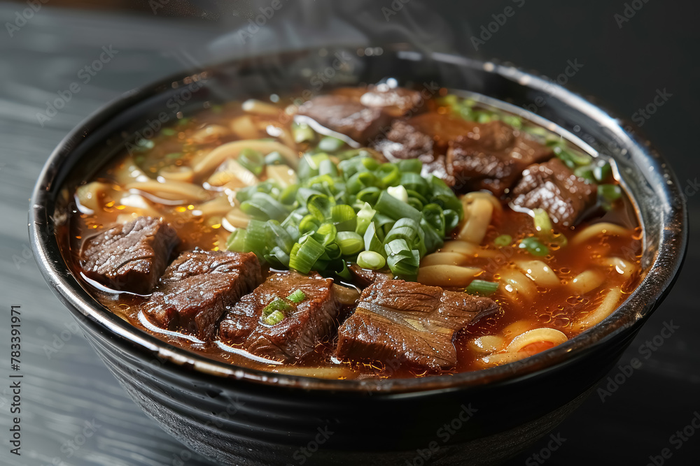 delicious beef noodle soup with fresh green onions and tender meat pieces in a black bowl delicious beef noodle soup with fresh green onions and tender meat pieces in a black bowl