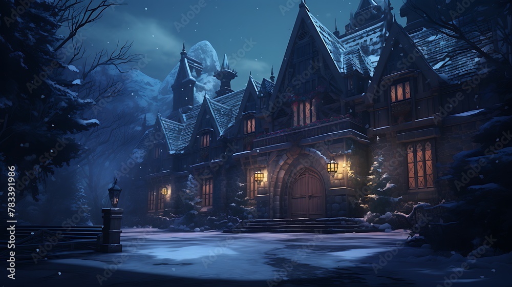 AI-generated adventurers exploring a winter-themed escape room, solving puzzles and deciphering clues to unlock the secrets of a mysterious snow-covered mansion and escape before time runs out