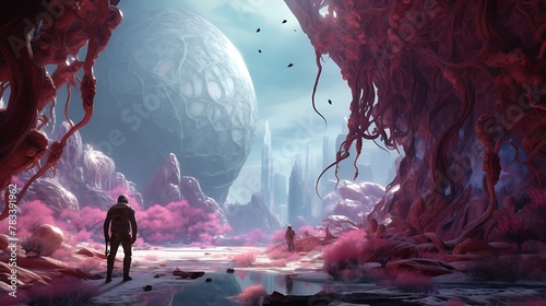 AI-generated adventurers embarking on a virtual reality exploration of winter-themed alien worlds, encountering bizarre landscapes, strange flora, and exotic creatures adapted to life in extreme cold, photo