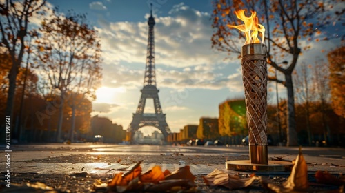Olympic torch lit with the Eiffel Tower in the background in a park Olympic Games concept