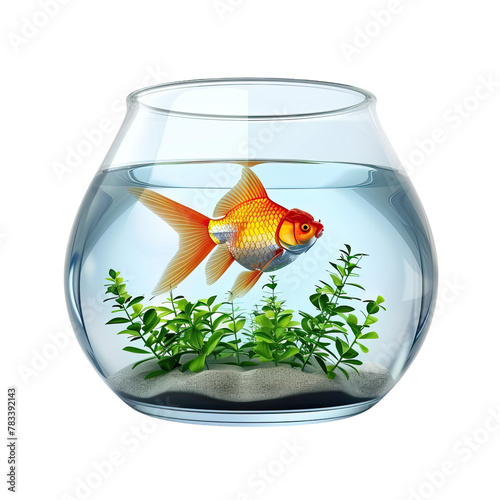 Goldfish swimming in a bowl surrounded by green plants  playful cartoon triangle swimming in an aquarium