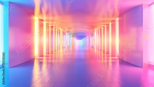 Futuristic colorful neon light toned background 3D room light abstract space technology tunnel stage floorwith bright light glowing at the end of the tunnel.