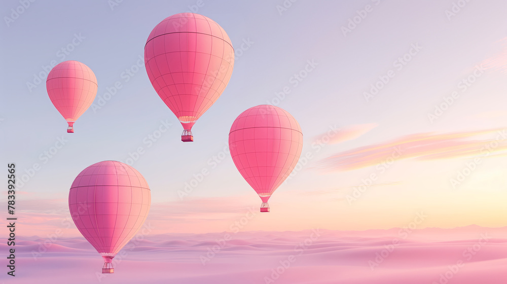 Obraz premium Several pink hot air balloons float in a soft pastel sky above a tranquil pink sand desert landscape at sunset.
