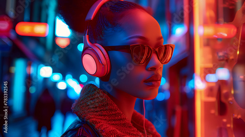 An alluring, mysterious woman is captured in this nighttime street scene. Wearing stylish sunglasses and trendy headphones