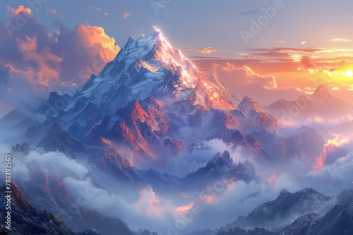majestic sunrise over snow-capped mountain peaks amidst floating clouds #783392560