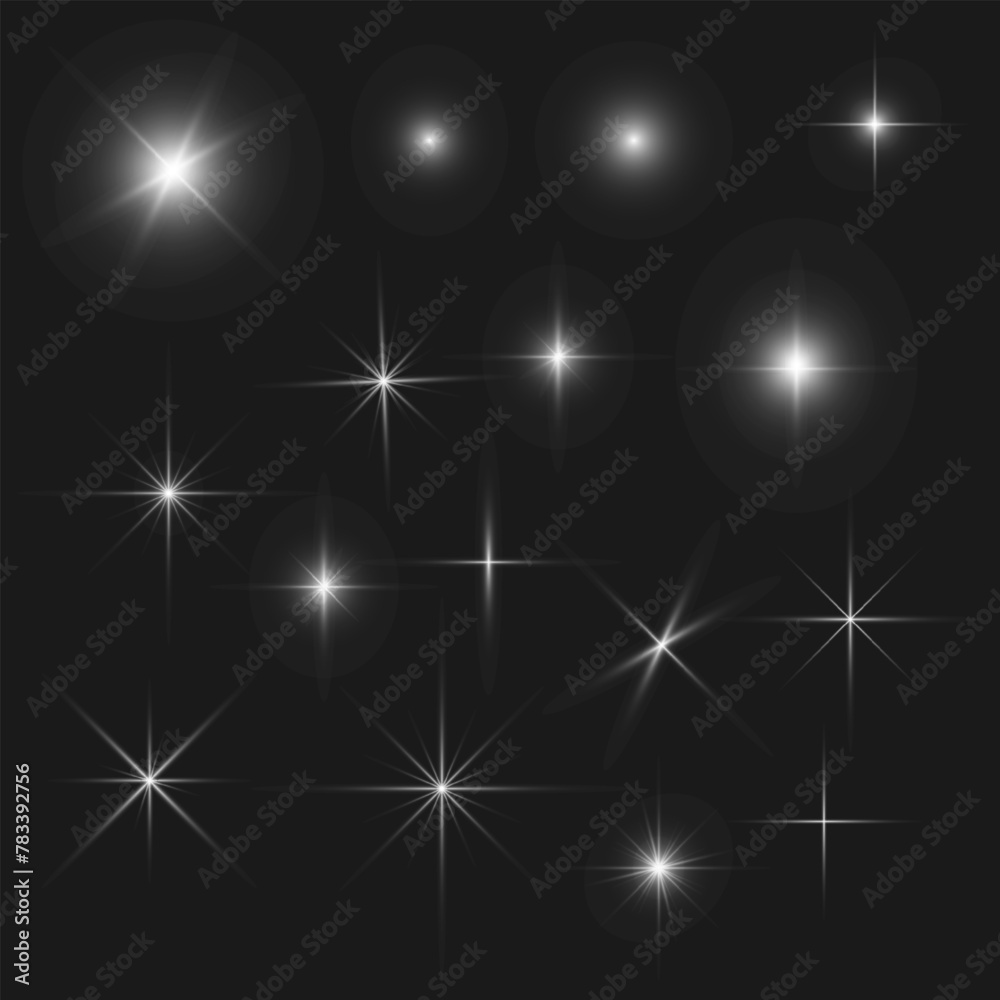 Light sparkle/ Set of shining stars. Magic elements for decoration, shining stars, night sky. Vector elements - obrazy, fototapety, plakaty 