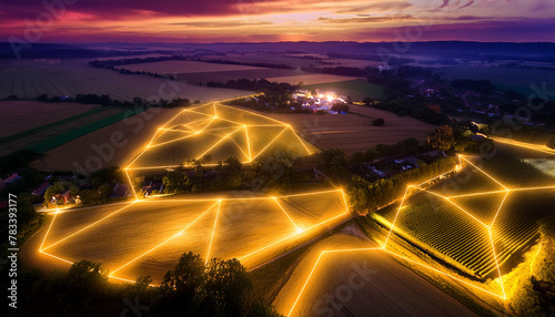 A high angle view of an agricultural rural landscape in the evening, illuminated by a glowing grid that references the appearance of technology across a rural landscape, smart tech and ai in farming  photo