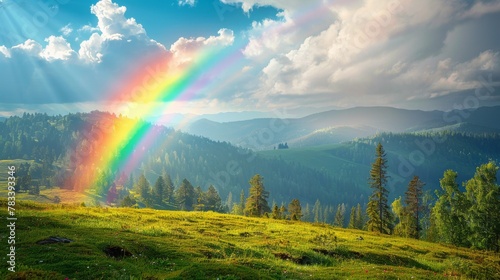 Rainbow Over Lush Green Hillside