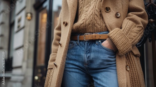 Woman in Tan Coat Walking Down Street