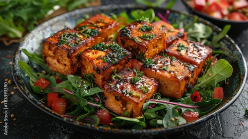 Bowl of Tofu and Vegetables on Table