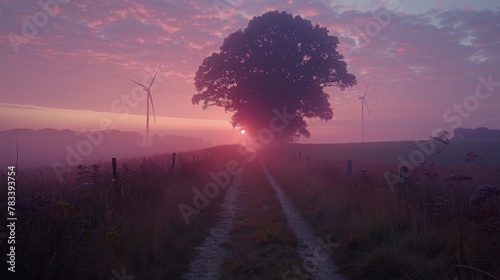 Sun Setting Behind Tree in Field