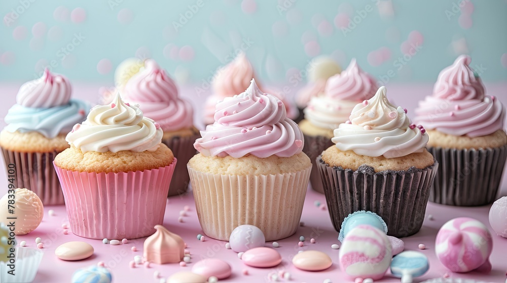 Assortment of whimsical cupcakes and candies in a pastel-colored fantasy setting, soft tones, fine details, high resolution, high detail, 32K Ultra HD, copyspace