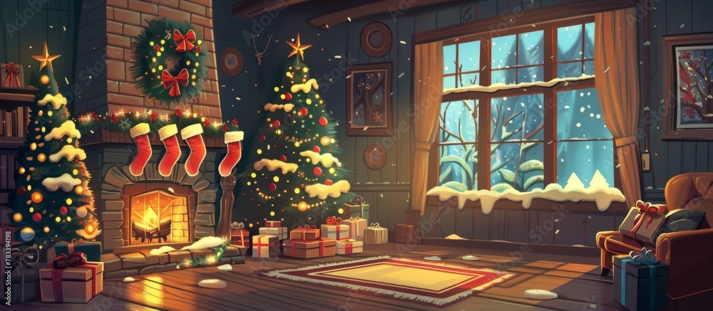 Cozy holiday scene showing a decorated living room with a crackling fireplace and colorful presents under the tree