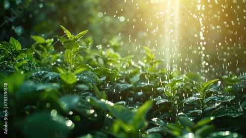 Close-up of a sprinkler watering plants with sunlit droplets in the air, soft tones, fine details, high resolution, high detail, 32K Ultra HD, copyspace