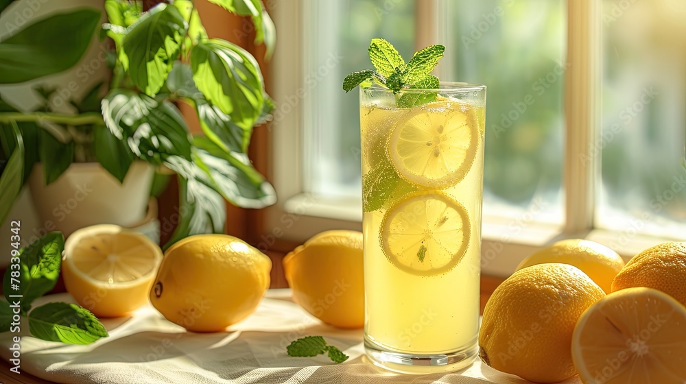 A glass of refreshing lemonade with fresh lemon slices and mint leaves, illuminated by warm sunlight in a cozy kitchen setting A glass of refreshing lemonade with fresh lemon slices and mint leaves, illuminated by warm sunlight in a cozy kitchen setting