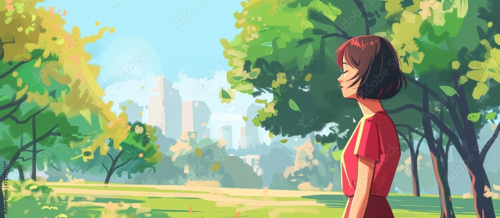 Anime character wearing red dress, standing gracefully in a lush park surrounded by trees and greenery.