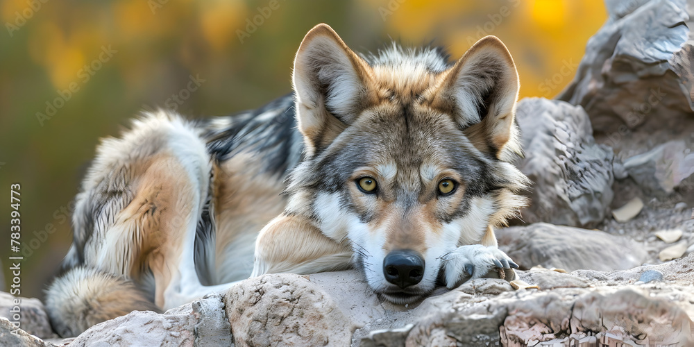 Closeup portrait of wolf at forest A wolf sitting on a rock in the sun Wolf in nature, national geography, Wide life animals. 

