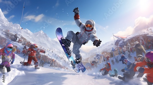 AI-generated characters participating in a high-stakes winter sports competition, showcasing their skills in skiing, snowboarding, and ice skating in front of a global audience