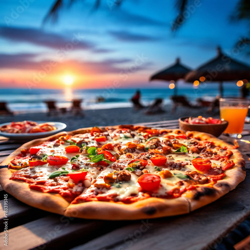 freshly made pizza on party background in blurred beach, evening