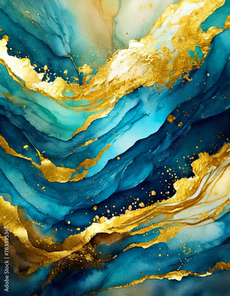Beautiful abstract watercolor background. Beautiful fluid blue texture with gold glitter accents. Marble gradient with empty space for text. Generative AI.