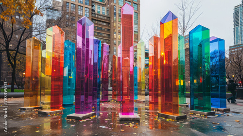 An interactive art installation in a public square, featuring colorful sculptures or displays that celebrate LGBTQ+ identity and history