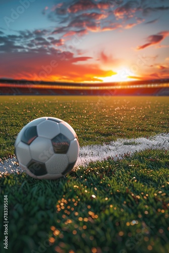 Soccer Ball on Lush Green Field of Soccer Stadium at Sunset, Creating a Vibrant and Serene Scene © RECARTFRAME CH