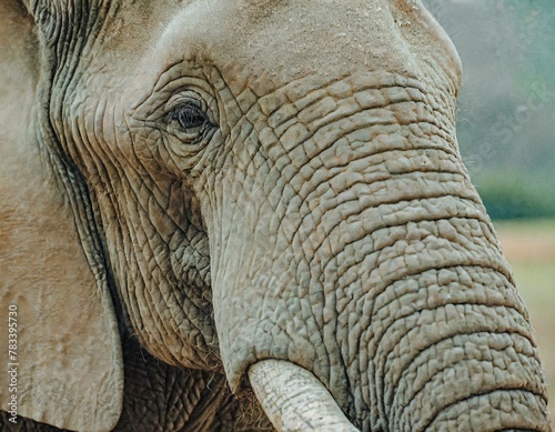 close up of an elephant, close-up photo of an elephant with white tusks