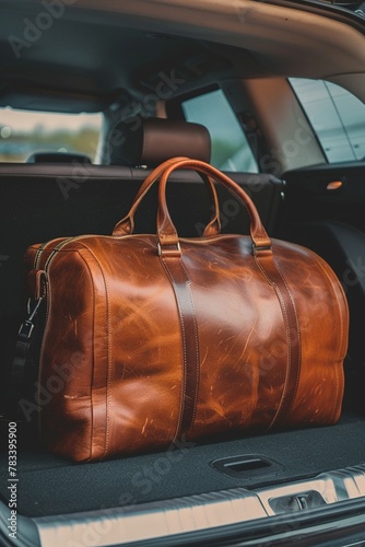 Weekender Bag, Stylish weekender bag in the trunk of a car, getaway ready photo
