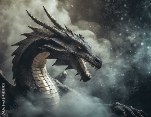 dragon in the dark, dragon opening mouth dark and smoky background
