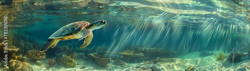 Sea Turtle, Graceful sea turtle swimming in clear, sunlit waters © Shining Pro