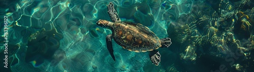 Sea Turtle, Graceful sea turtle swimming in clear, sunlit waters photo