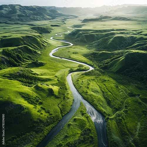 River, Flowing river carving through a lush green landscape