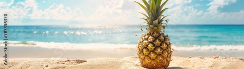 Pineapple, Pineapple on a sandy beach, tropical ocean background photo