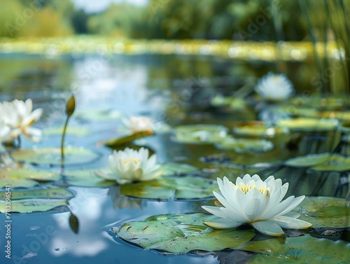 Lily, White lilies beside a tranquil pond, serene blues and greens