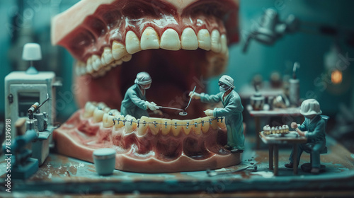 A fantastical scene with miniature dental professionals inside an enormous mouth using delicate tools to fit braces