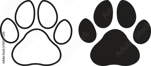 cat or dog paw print flat, icon set. for animal Paw vector foot trail of cat. Dog, puppy silhouette diagonal tracks patterns, showcases design, apps and web isolated on transparent background photo
